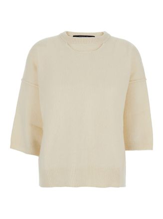 Federica Tosi White Sweater With Dropped Shoulder And Three-quarter Sleeve In Wool And Cashmere Blend Woman