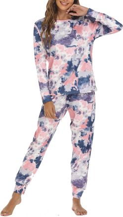 Generic HAOLEI Pyjamas Set for Women, Women Soft 2 Pieces Pjs Set Long Sleeve Tops and Pants Sleepwear Tie Dye Print Pyjamas Set Comfty Pajamas Cotton Classic