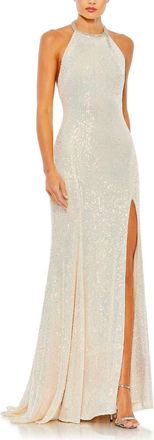 Mac Duggal Sequined High Neck Rhinestone Trim Column Gown in Iridescent at Nordstrom, Size 14