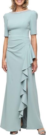 Alex Evenings Embellished Neck Ruffle Gown in Ice Sage at Nordstrom, Size 14