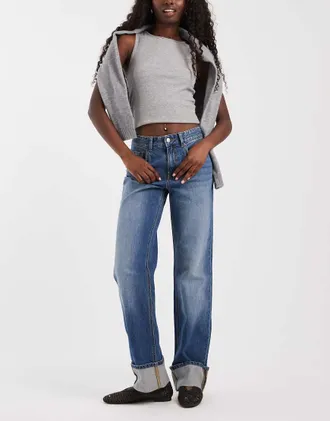 Vero Moda Coline jeans dritti a vita media con risvolto in denim blu scuro-blu navy
