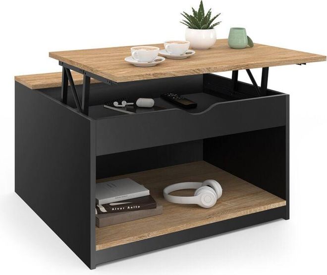 Table Basse Rectangulaire Relevable IDMarket ELEA - Convertible En Table à Manger - Bois Noir Et Hêtre - 100x50x42.5 Cm