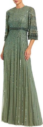 Mac Duggal High Neck Embellished Gown With 3/4 Sleeves in Seafoam at Nordstrom, Size 16
