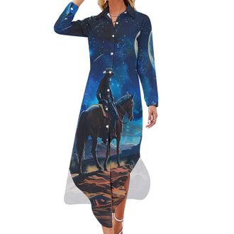 Generic Desert Night Denim Boy Womens Casual Dress Maxi Shirt Dresses Long Sleeves Sleeve Button Down 6XL