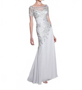Cameron Blake Chiffon Long Gown In Silver