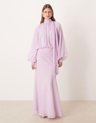 Asos Vestito lungo in chiffon accollato drappeggiato con allacciatura al collo lilla-Viola