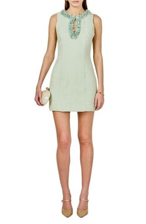 endless rose Floral Appliqu&eacute; Trim Tweed Minidress in Pistachio at Nordstrom, Size X-Small