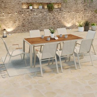 IDMarket Conjunto De Muebles De Jard&iacute;n Noumea Mesa De 190 Cm Con Tablero De Cristal Templado Efecto Madera Y 8 Sillas Apilables Beige Y M