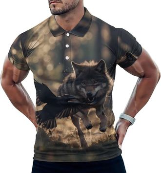 Generic Wolf Wildlife Prints Mens Polo Shirt Casual Short Sleeve Golf Shirts Athletic T-Shirt Work Tees Tops 2XL
