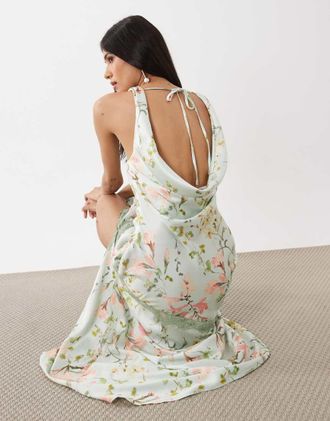 Hope & Ivy Vestito midi in raso verde salvia a fiori con scollo ad anello e finiture in pizzo