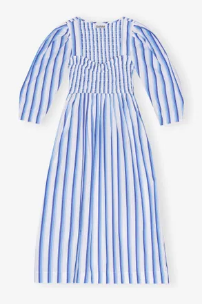 Ganni Blue Striped Cotton Smock Long Dress - Size 2 Organic