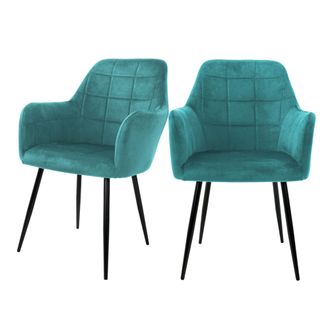 ML Design Ecd Germany Set 2x Sillas De Comedor Color Azul Turquesa Asiento Moderno Tapizado De Terciopelo Con Patas De Metal Negras, Respaldo Y Reposabrazos Erg