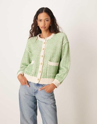 Vero Moda button down knitted cardigan in birch with green detail-White