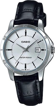 Casio Womens Silver Dial Black Leather Strap Watch - LTP-V004L-7AUDF