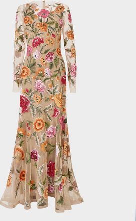 Carolina Herrera Crystal Floral Embroidered Long-Sleeve Trumpet Gown