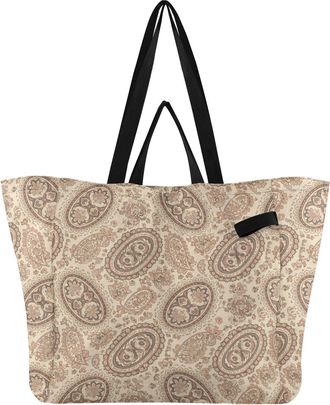 Generic Flowers Beige print Reusable Canvas Tote Bag, Heavy Duty Grocery Shopping Bag with Large Capacity Double Handles Hard Bottom Work Groceries Travel