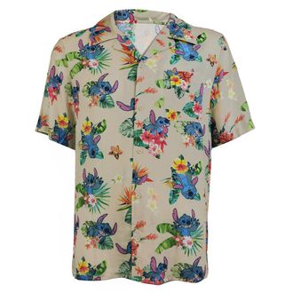 Mad Engine Disney Lilo and Stitch Mens Stitch Tropical Hawaiian Button Up Shirt, Khaki, Large