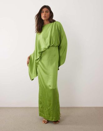 Mango Vestito lungo a mezze maniche in raso verde con dettaglio drappeggiato