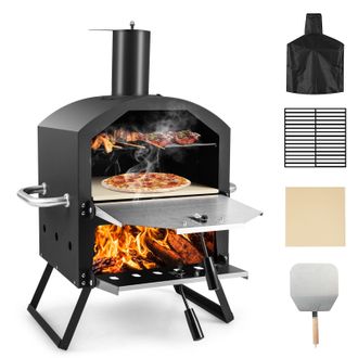 Costway Costway Outdoor Pizza Oven 2-layer Wood Fired BBQ Pizza Maker W/Grill Barbecue in Black