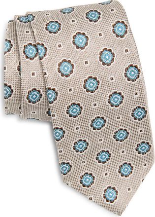 David Donahue Floral Medallion Silk & Cotton Tie in Dune at Nordstrom