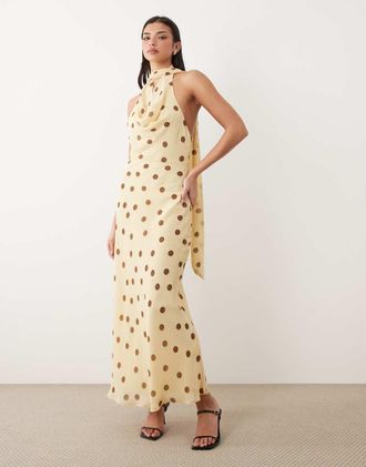 Gina Tricot Gina Tricot - Vestito lungo giallo a pois con scollo a sciarpa