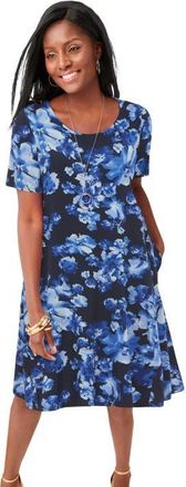 Jessica London Stretch Knit A-Line Dress in Blue Floral Print at Nordstrom, Size 28