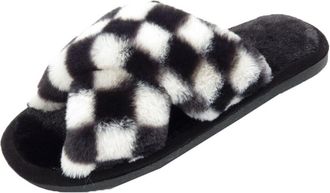 Sergio Rossi Sergio Italia Ladies Checkerboard Slippers Womens Cross Over Faux Fur Sliders Peep Toe Mules White