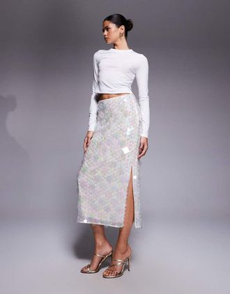 Asos Gonna midi bianca decorata con paillettes a disco-Bianco