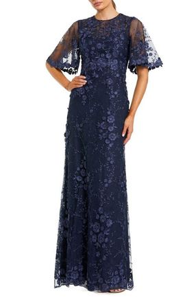 Mac Duggal Womens Flutter Sleeve Floral Emboridered Net Gown in Midnight at Nordstrom, Size 12