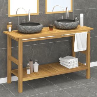 vidaXL Tocador De Ba&ntilde;o Madera Maciza De Teca Con Lavabos M&aacute;rmol Negro Vidaxl