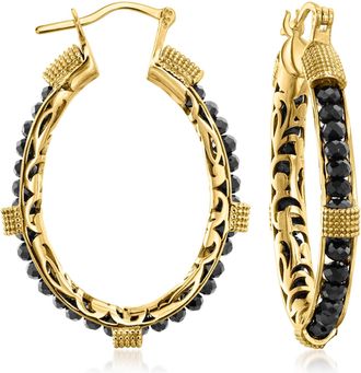 Ross-Simons Black Spinel Bead Hoop Earrings in 18kt Gold Over Sterling