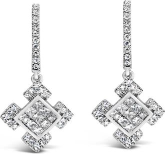 House of Brilliance 10K White Gold Princess and Round Diamond Geometric Composite Dangle Earrings