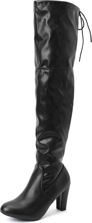 Generic Winter Ladies Fashion Winter Thigh High Boots with Lace Up Back Design Leather Material Chunky High Heel for Ultimate Warmth and Style (Black, 6. 5)