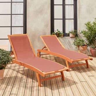 Sweeek Pair Of Wooden & Textilene Sun Loungers in Terracotta
