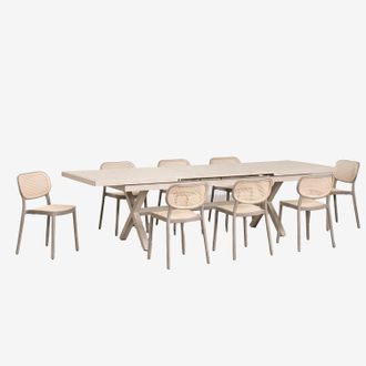 Sklum Set De Mesa Rectangular 240-300x100 Cm Extensible En Aluminio Karena Y 8 Sillas De Jard&iacute;n Apilables En Polipropileno Omara Sklum