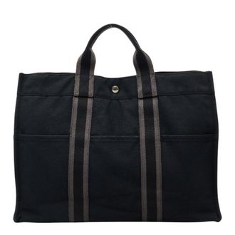 Herm&egrave;s Fourre Tout Black Gray Canvas Handbag Tote Bag (Pre-Owned)
