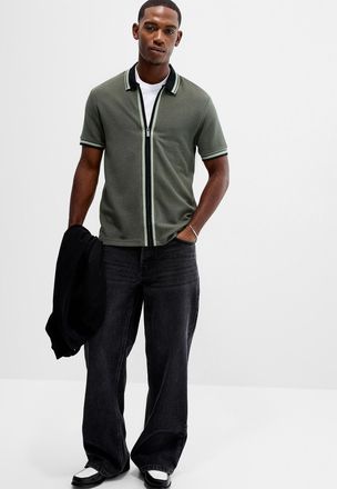 Le 31 Mens Zipped polo-collar waffled jersey Cardigan Sweater Standard fit