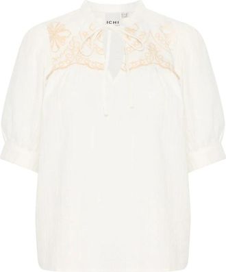 Ichi Cloud Dancer Geborduurde Top - Dames - Blouses - Wit - L - Katoen - Overhemden