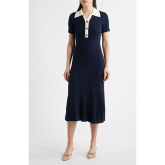 Julia Jordan Short Sleeve Rib Polo Sweater Dress in Navy/ivory at Nordstrom, Size X-Large