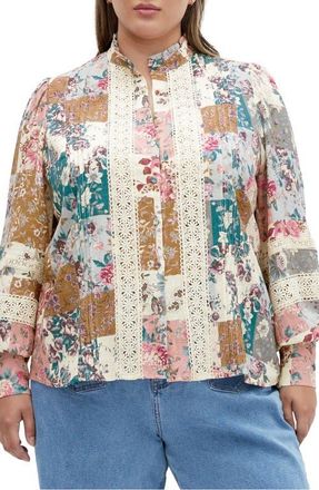 City Chic Floral Print Lace Shirt in Whimsical at Nordstrom, Size Xxs