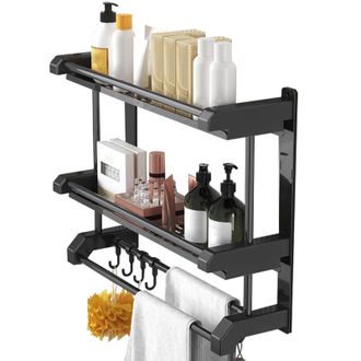 OEM Toallero De Pared De Acero Inoxidable Para Ba&ntilde;o Con Estante Y Ganchos - Negro - 50 Cm