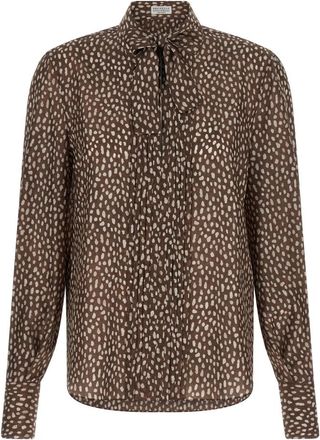 Brunello Cucinelli Lavalli&egrave;re Zijden Blouse - Dames - Overhemden - Bruin - S - Overhemden