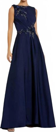 Mac Duggal Bateau Floral Appliqued Evening Gown In Navy