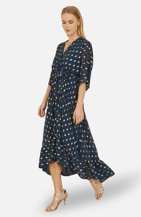 Yumi Foil Print Wrap Over Dress in Navy at Nordstrom, Size 14