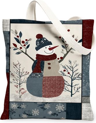 Generic Winter Snow Man Canvas Tote Bags, Vintage Rustic Holiday Design Reusable Grocery Bags, Lightweight Washable Shoulder Strap, Multicolor, 13x15 Inch