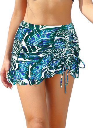 SHEKINI Womens Side Drawstring Swim Skirt Ruffled High Waisted Bikini Bottoms Tummy Control Swimsuit Bottom, Green Leaf, XX-Large