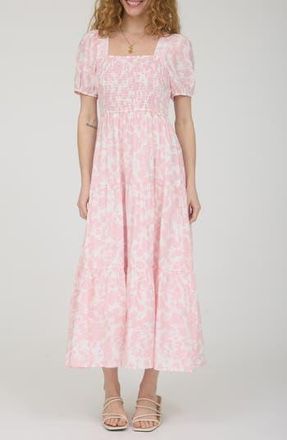 August Sky Puff Sleeve Smocked Midi Dress in Light Pink Multi at Nordstrom Rack, Size Medium