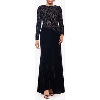 Betsy & Adam Sequin & Velvet Long Sleeve Gown in Black/Nude at Nordstrom, Size 4