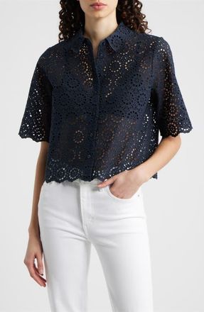 Frame Denim The Petal Eyelet Crop Shirt in Navy at Nordstrom, Size X-Small