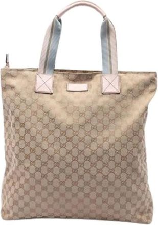 Gucci Pre-owned Canvas Tote Bag - Dames - Vintage Shopper - Beige - ONE Size - Leer - Vintage